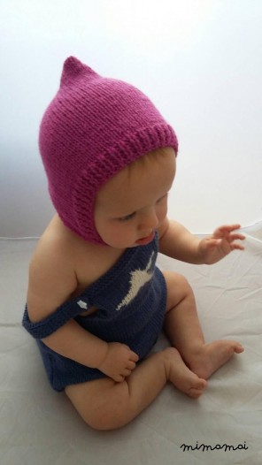 Baby pixie cap, knitted baby hat in fuscia pink wool with button closure