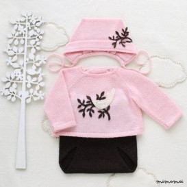 Maglia bambino insieme. Maglia, copertura del pannolino, cap. Rosa e marrone. Uccello di feltro.