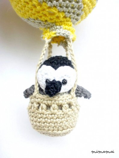 Hot air balloon decoration, crochet penguin in a balloon