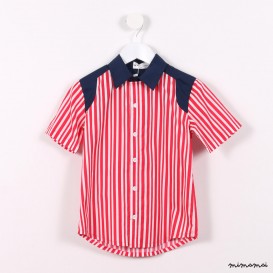 Short-sleeved Contrast Shoulder Shirt red stripes