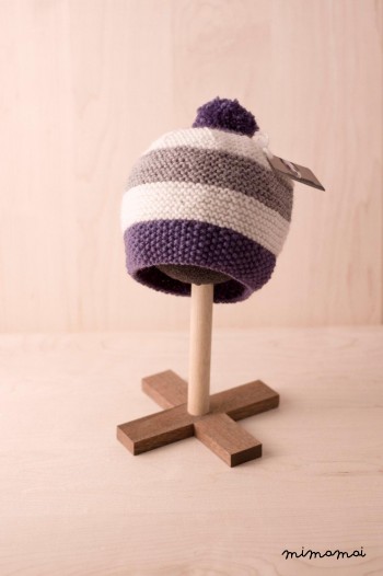 Baby knitted striped Bobble pompom hat in indigo