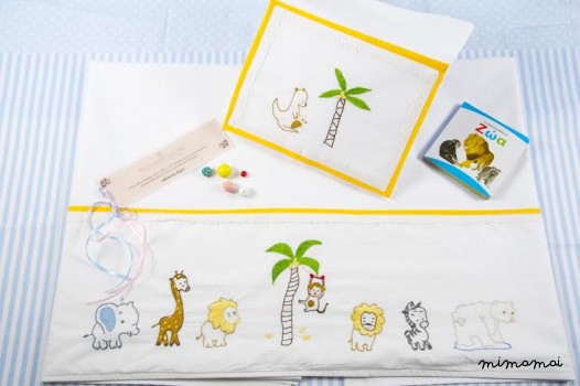 baby linen sheet pillowcase,hand embroidered, sweet safari