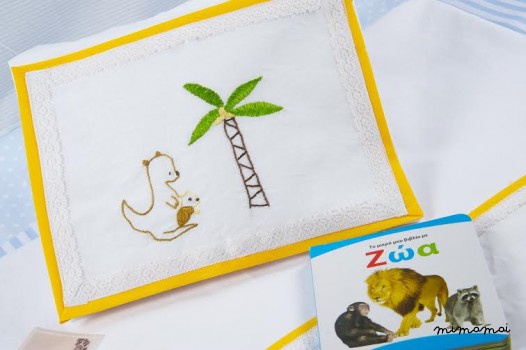 baby linen sheet pillowcase,hand embroidered, sweet safari