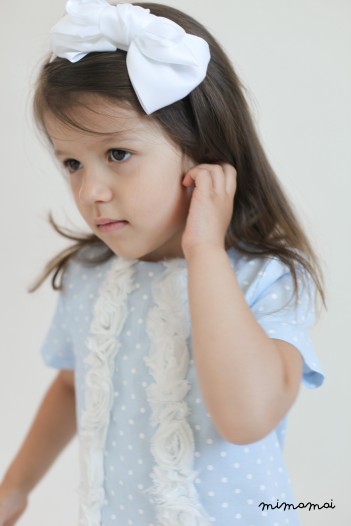 Summer girls dress, blue and white polka dot cotton with ruffled lace