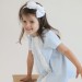 Summer girls dress, blue and white polka dot cotton with ruffled lace