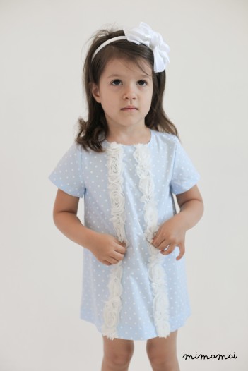 Summer girls dress, blue and white polka dot cotton with ruffled lace