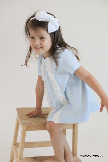 Summer girls dress, blue and white polka dot cotton with ruffled lace
