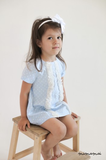 Summer girls dress, blue and white polka dot cotton with ruffled lace