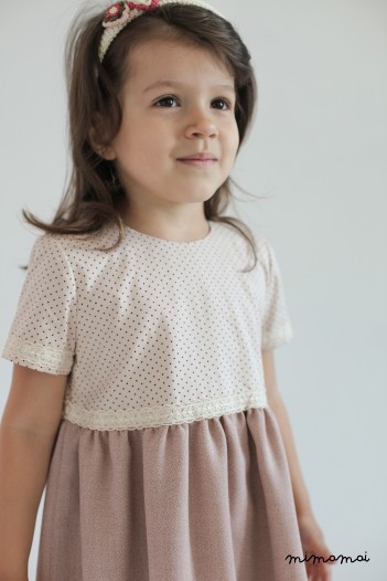 Pink and ivory polka dot woollen dress for girls