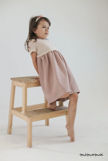 Pink and ivory polka dot woollen dress for girls