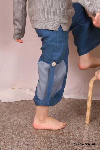 Linen emerald blue long shorts with grey pockets