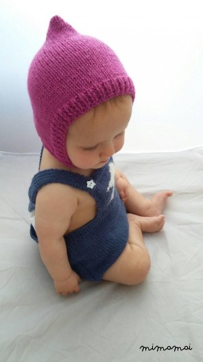 Baby pixie cap, knitted baby hat in fuscia pink wool with button closure