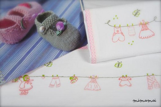 baby linen sheet pillowcase hand embroidered,happy clothes horse