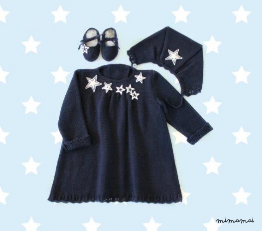Maglia bambino vestito, cappello e scarpe blu set. Stelle di pizzo e feltro.
