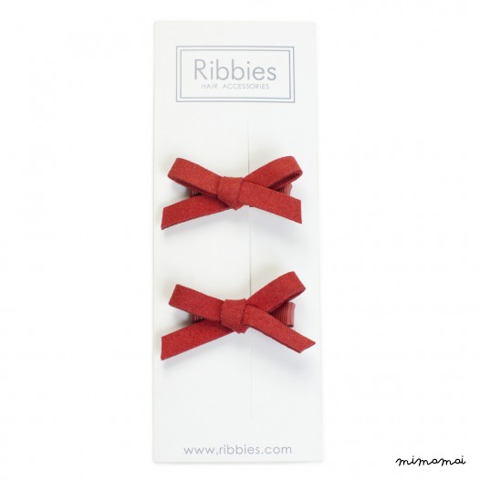 Pair of Suede Bows Hair Clips - Red