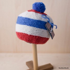 Berretto con Pompon pompon a strisce a maglia in rosso, crema e blu (BH61) 6-12 mesi