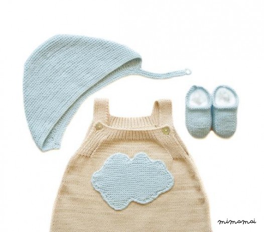 Maglia baby set, tuta, cappuccio e scarpe. Cloud di tortora e blu.