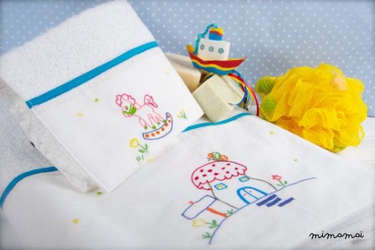 set 2 baby towels bath hand towel hand embroidered unisex Carousel turquoise