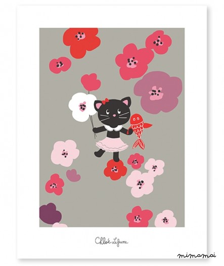Affiche b&eacute;b&eacute; enfant chat et fleurs