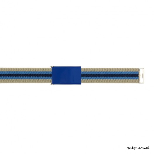 Beige/Grey belt, blue buckle with navy-blue and blue stripes