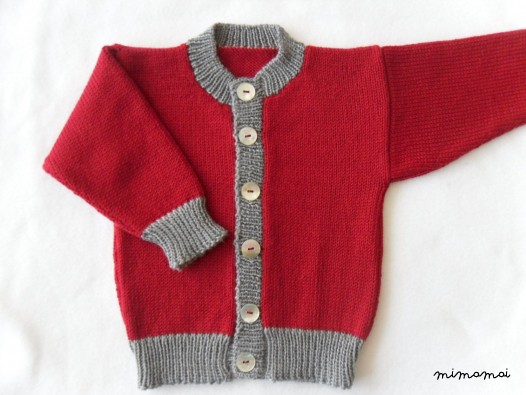 Knitted woollen Cardigan, Ruby Red & Grey