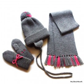 3 piece set - virgin wool double knitted pom-pom hat, double knitted mittens and scarf with fringe