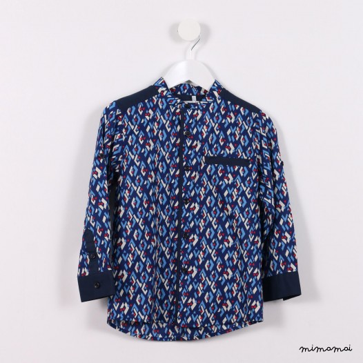 Long-sleeved Mandarin Shirt blue graphic print