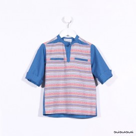 3/4 Sleeved Slip-on Shirt orange stripes and denim