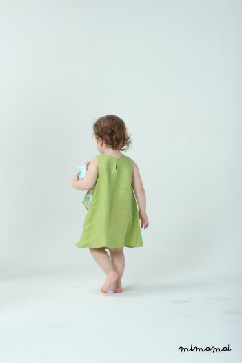 Apple green linen party dress with Liberty bow