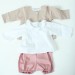 Baby girl outfit, cotton ruffled shirt, bloomers and matching sweater.
