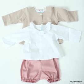 Baby girl outfit, cotton ruffled shirt, bloomers and matching sweater.