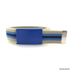 Beige/Grey belt, blue buckle with navy-blue and blue stripes