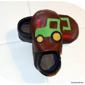 A mano in pelle morbida suole - trattore, traccia, verde-blu-marrone per bambino