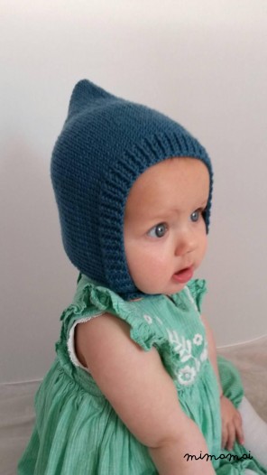 Pixie bonnet cap knit in teal green merino wool