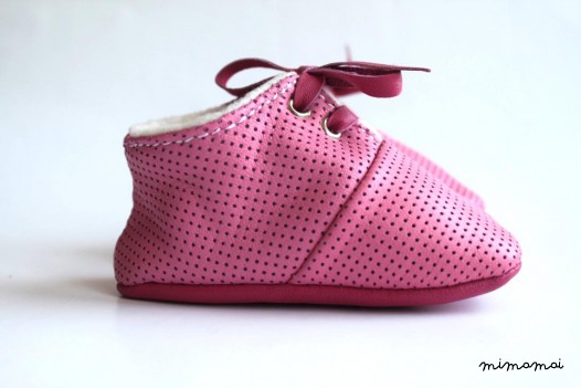 12-18 Months Slippers / Baby Shoes Soft Sole Lamb Leather Pink Dots