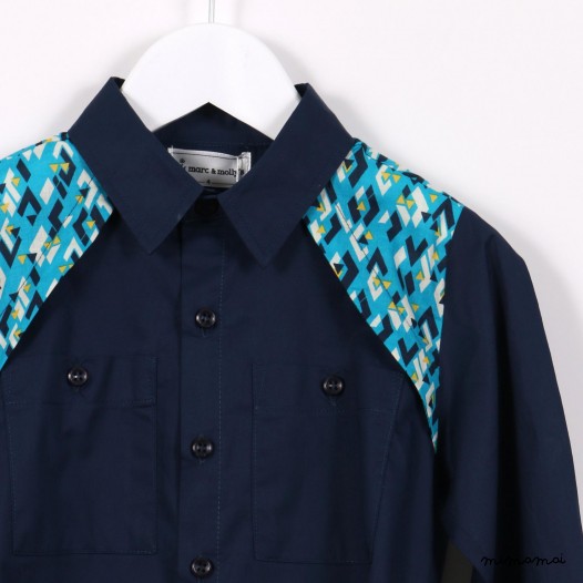 Long-sleeved Pockets Shirt blue with green prints
