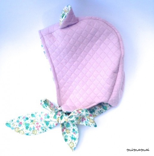 Bonnet HORTENSE (Jersey matelass&eacute; rose poudr&eacute; & Liberty) S&eacute;rie limit&eacute;e