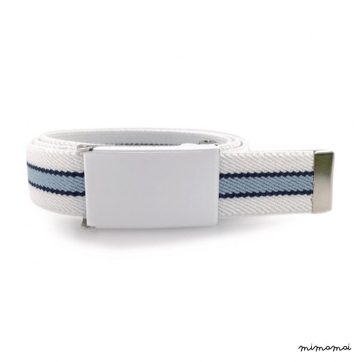 White belt, white buckle with navy-blue and pastel blue stripes
