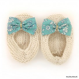 Chaussons ballerines &eacute;cru n&oelig;ud tissu liberty turquoise