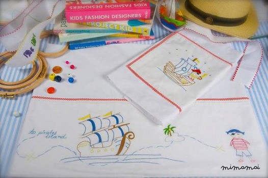 hand emdroidered baby linen sheet pillowcase island pirates