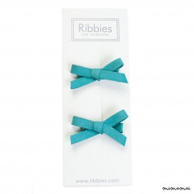 Pair of Suede Bows Hair Clips - Turquoise