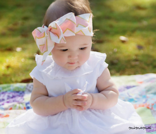 Cotton Fabric Bow Headwrap - White with Gold Dots