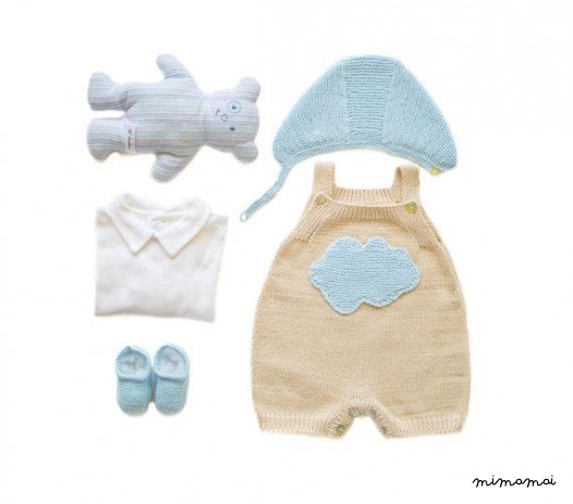 Maglia baby set, tuta, cappuccio e scarpe. Cloud di tortora e blu.