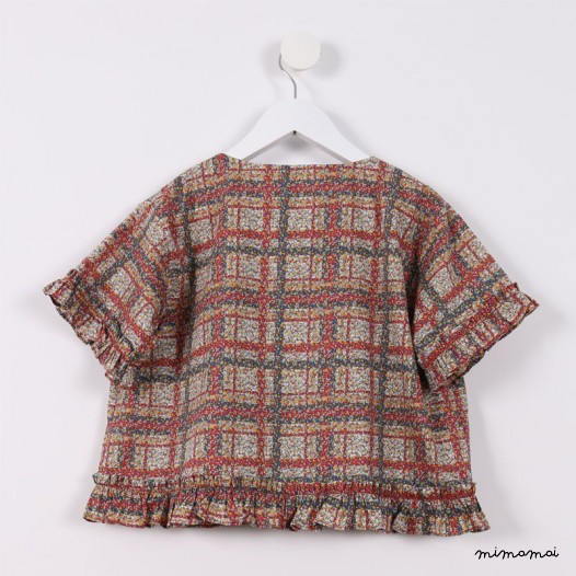 Frilly Button-down Top orange and green