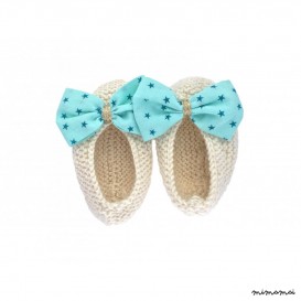 Chaussons ballerines &eacute;cru n&oelig;ud tissu &eacute;toil&eacute; turquoise