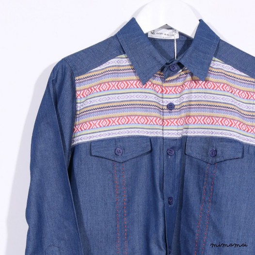 Long-sleeved Shirt with Yoke Detail denim and orange