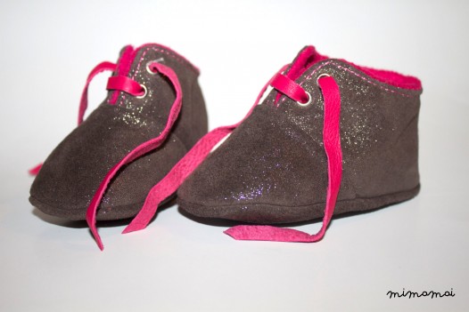 3-6 Months Slippers / Baby Shoes Lamb Leather Glitter Gray