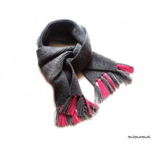 3 piece set - virgin wool double knitted pom-pom hat, double knitted mittens and scarf with fringe