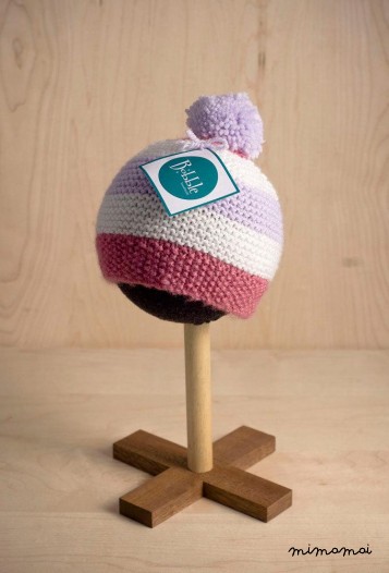 bambino in maglia a strisce berretto con Pompon pompon in Dusky rosa, bianco e Lilla (BH48) 3-6 mesi