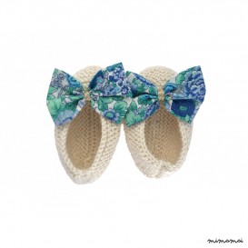 Chaussons ballerines &eacute;cru n&oelig;ud tissu liberty fleuri rose